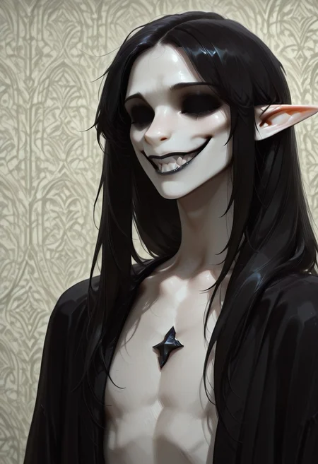 1 person, (lapanya, snout nose), solo, androgynous, pointy ears, sleek hair, straight hair, long hair, black hair, straight hair, parted hair, hair over shoulders, ((missing eyes)):1.5, (very pale skin, white skin), ((thin lips, black lips)), black cloak, tattered cloak, open cloak, bare chest, black gem embedded in chest,
(Grinning, wide grin, very sharp teeth, detailed teeth), looking at viewer,
Medieval style, Smooth colors, detailed face, smooth skin, smooth face, organic cavern background, clean lines, high quality, best quality, masterpiece, rating: safe, source: semi-realistic,