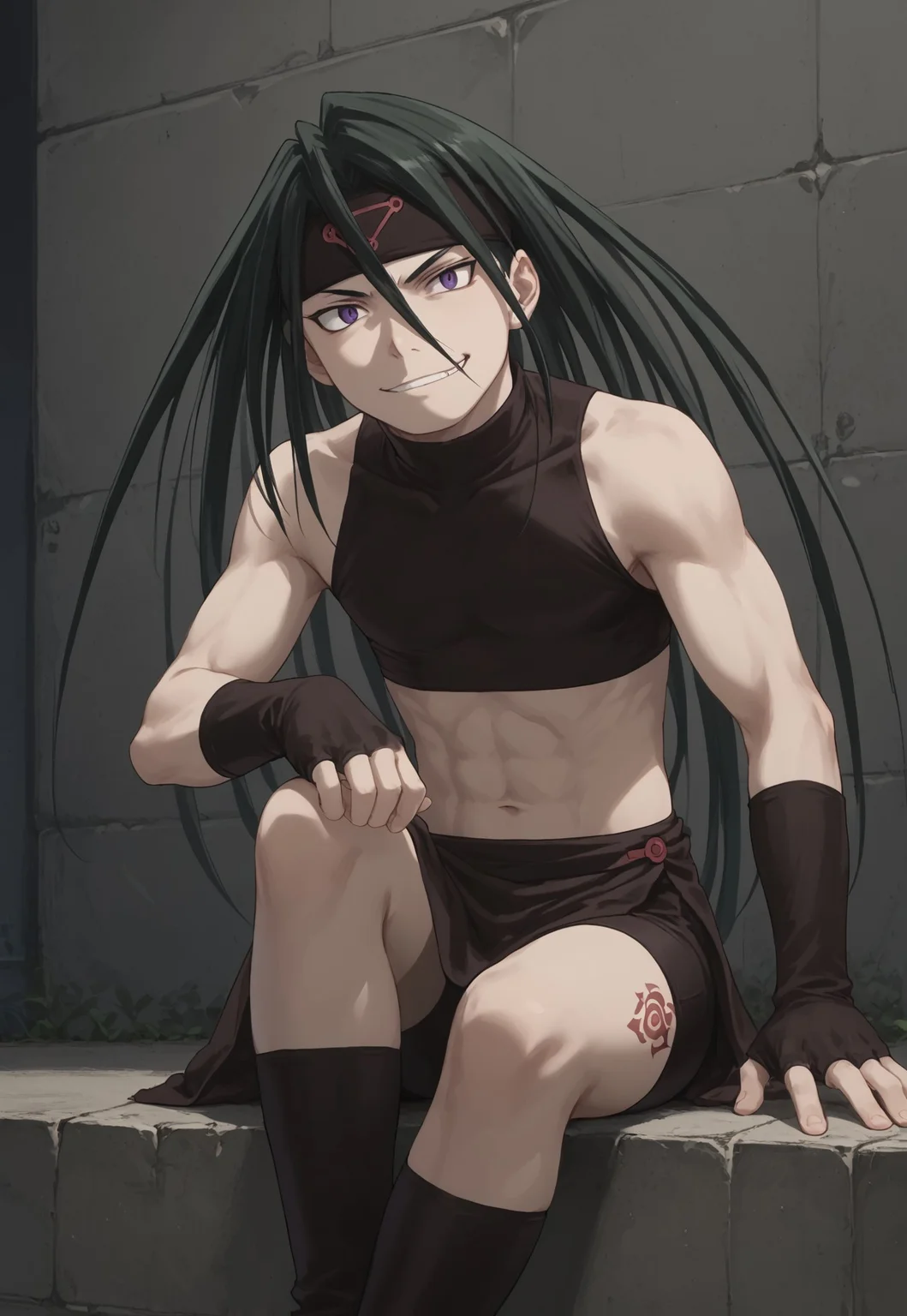 safe_pos, score_9, score_8_up, score_7_up, masterpiece, best quality, FMAB_Envy, 1boy, solo, long hair, dark green hair, black hair, purple eyes, slit pupils, headband, crop top, bare shoulders, midriff, gloves, fingerless gloves, skirt, side slit, bike shorts under skirt, bike shorts, toeless legwear, leg tattoo, crossed legs, evil smirk,