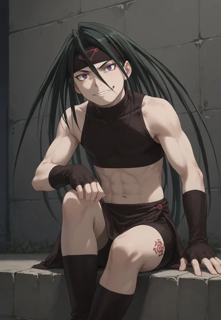 safe_pos, score_9, score_8_up, score_7_up, masterpiece, best quality, FMAB_Envy, 1boy, solo, long hair, dark green hair, black hair, purple eyes, slit pupils, headband, crop top, bare shoulders, midriff, gloves, fingerless gloves, skirt, side slit, bike shorts under skirt, bike shorts, toeless legwear, leg tattoo, crossed legs, evil smirk,