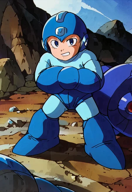 berserk, megaman, rockman, mega, rock, arm cannon, blue and cyan armor, helmet, classic, 1boy, kid, child, male, solo