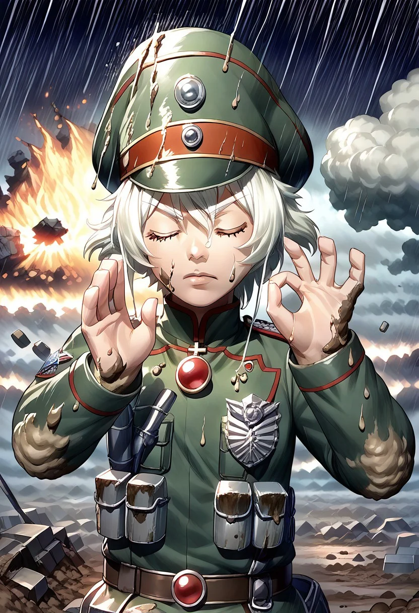 score_9,rating_safe,source_anime,youjo senki.solo,TanyaDegurechaff,military hat,tunic,pachameme, hands up, ok sign, closed eyes,outdoors,battlefield,mud,explosions,artillery fire,rain,destruction