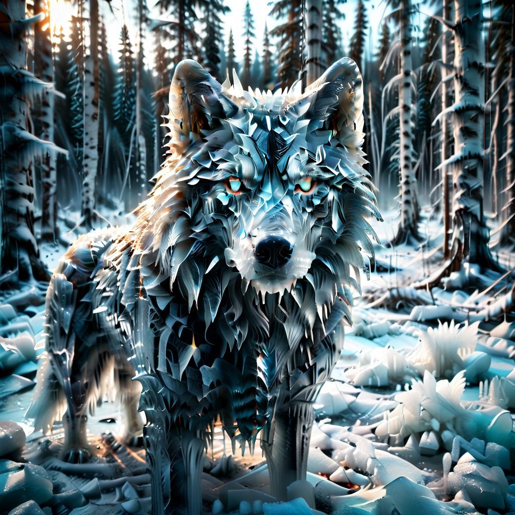 lazypos, 1c3_w1n73r, majestic wolf made entirely from ice, but eyes and paws burning with fire, breath releasing crystal steam, surrounded by scorched snow and glowing runes in a frozen forest