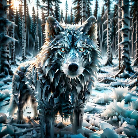 lazypos, 1c3_w1n73r, majestic wolf made entirely from ice, but eyes and paws burning with fire, breath releasing crystal steam, surrounded by scorched snow and glowing runes in a frozen forest