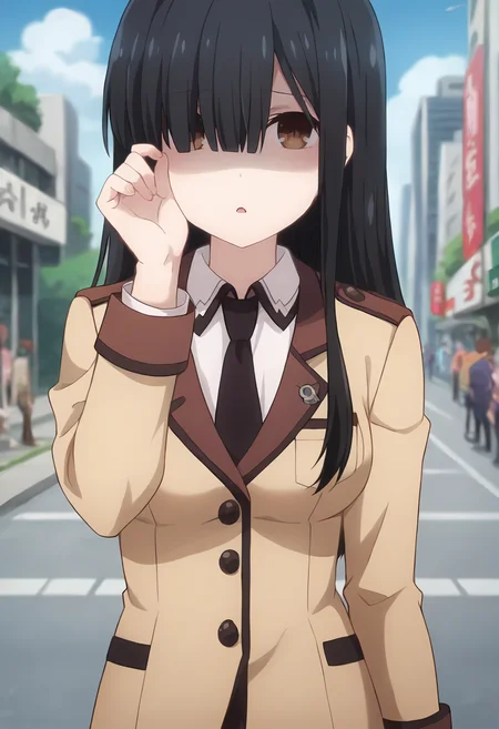 score_9, score_8_up, score_7_up, masterpiece, source_anime, 1girl, ct_shiizaki, long hair, black hair, brown eyes, medium breasts, beige uniform, long sleeves, white collared shirt, black necktie, looking at viewer, hand up,outdoors, city, depth of field, cowboy shot, shiny skin, jitome, shaded face, chestnut mouth, upper body,<lora:Hinako Shiizaki_Pony_ct:0.9>