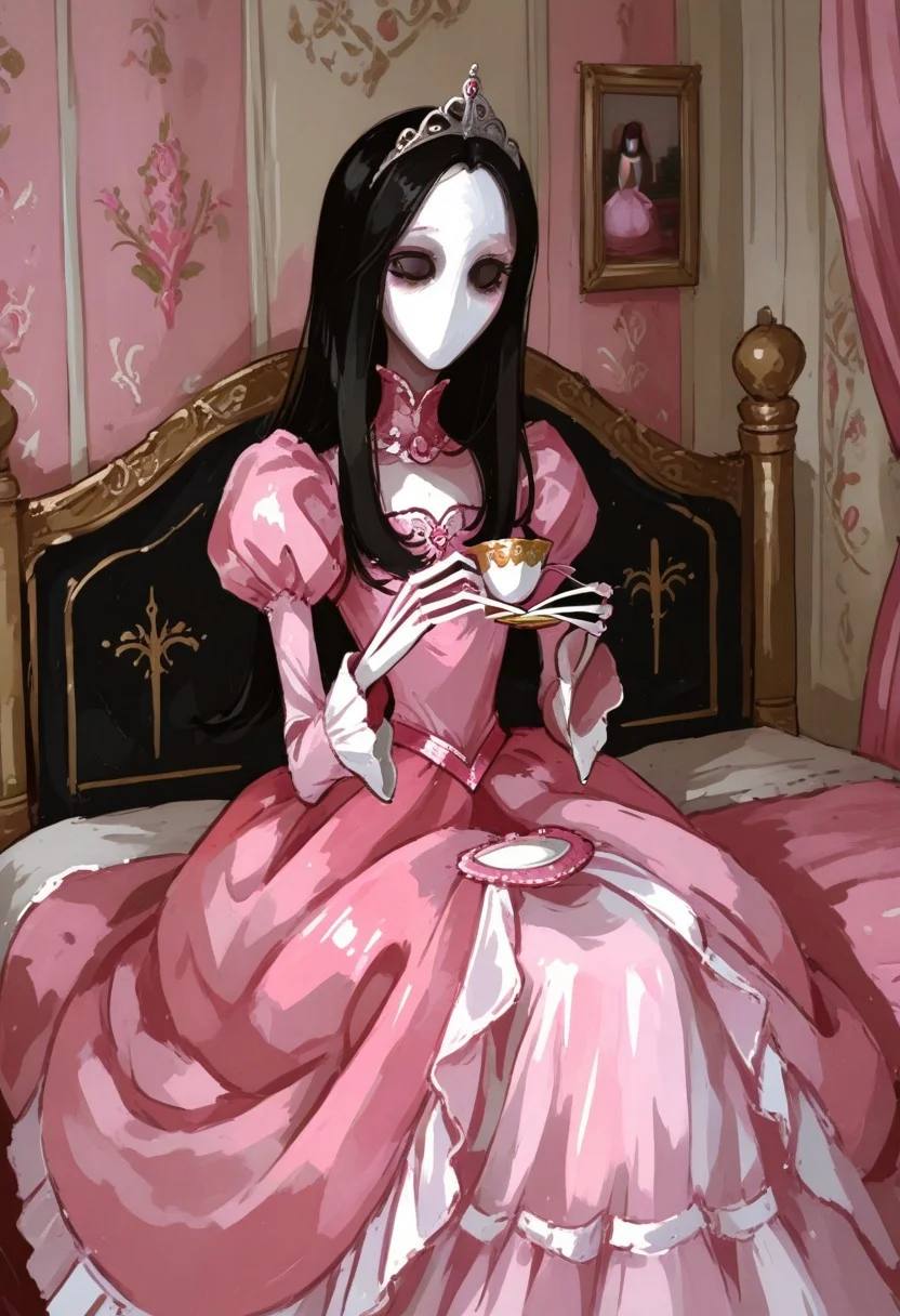 1 girl, solo, white face, black eyes, black hair, long hair, long fingers, indoors, pink dress, princess dress, pink princess dress, bedroom, girls bedroom, teacup, holding teacup, tiara, sitting, suburban household, girly,