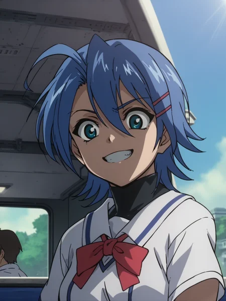 <lora:happy_tentacle-junko-v0.2:1>, ht_junko, blue hair, school uniform, school , 1girl, solo, portrait , (unusually open eyes :1.2) , ( flustered , crazy smile :1.1), looking down , score_9, score_8_up, score_7_up, score_6_up, score_5_up, score_4_up