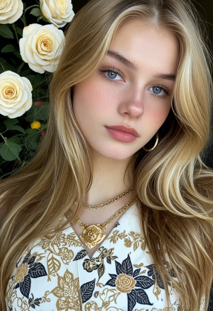Full sexy female portrait, ornaments, flowers, golden jewelry, golden tattoos, fractal patterns, fully clothed, 8k UHD. A stunning blonde woman with blue eyes, wearing a form-fitting bodysuit with floral and fractal designs in blue, red, and gold. Intricate golden jewelry and tattoos. Background features golden roses and floral patterns, soft warm lighting.
(8k uhd:1,4)
<lora:add-detail-xl:1>
<lora:Dynamic Poses:1>
