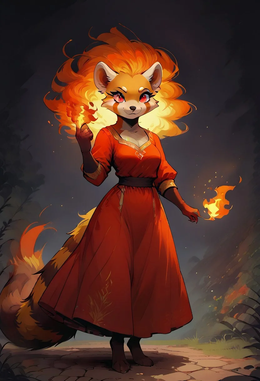 score_9, score_8_up, score_7_up, (4k quality, high resolution, additional details), m0use_goldie, 1girl, upper body, hand up, female red panda, anthro red panda, wizard, armor covering the entire body, red robe with a golden pattern, predatory fiery red eyes (detail), fiery eyes, glowing red eyes, (medium breast, natural breast), fiery aura, full body