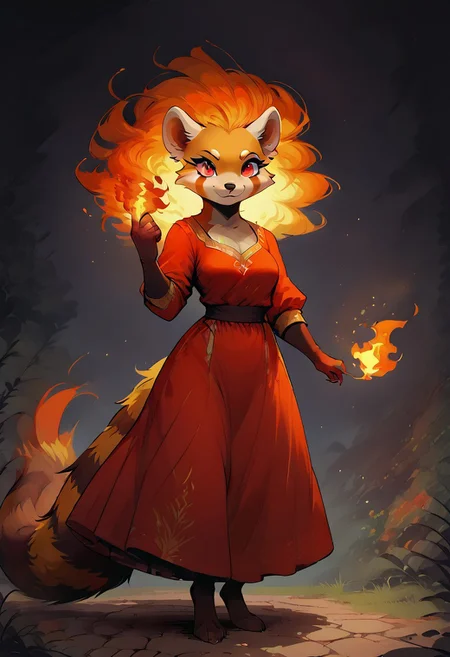 score_9, score_8_up, score_7_up, (4k quality, high resolution, additional details), m0use_goldie, 1girl, upper body, hand up, female red panda, anthro red panda, wizard, armor covering the entire body, red robe with a golden pattern, predatory fiery red eyes (detail), fiery eyes, glowing red eyes, (medium breast, natural breast), fiery aura, full body