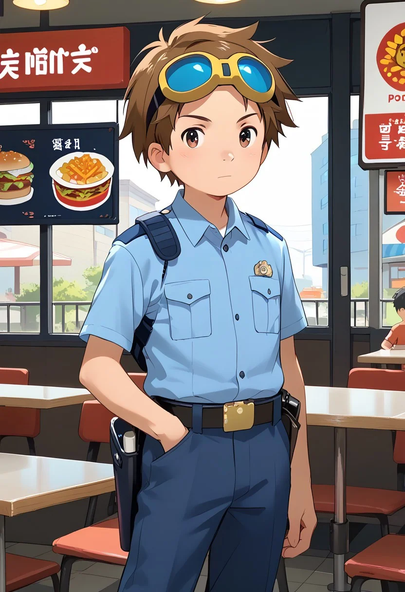 score_9, score_8_up, score_7_up, zPDXL2, 
,
1boy, solo, goggles on head, brown hair, male Japanese Summer Police Uniform,light-blue collared shirt, rank slides,hip holster,
Fast Food Restaurant
