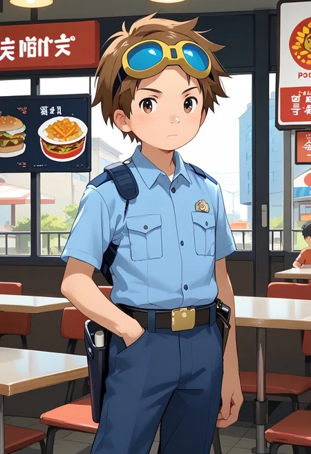 score_9, score_8_up, score_7_up, zPDXL2,
,
1boy, solo, goggles on head, brown hair, male Japanese Summer Police Uniform,light-blue collared shirt, rank slides,hip holster,
Fast Food Restaurant