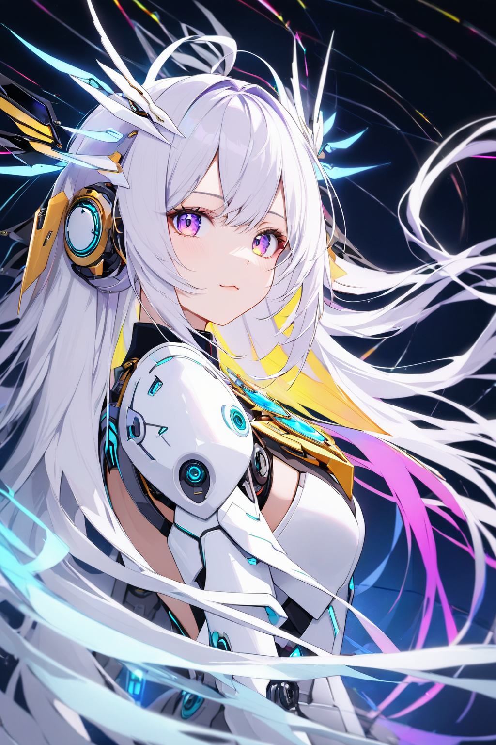 Jed-rbt, seraph, 1girl, cinematic angle, :3, looking at viewer, scifi hair ornaments, energy hair, brooch, sleeve, cape, mechanical wings, screws, cables, led lights, glowing, Futuristic, chromatic aberration, Kawaii, [(blue-white background:1.2)::0.2], (neon luminescence background:1.2), illustration, incredibly absurdres, ultra detailed, masterpiece, best quality,[<lora:detailed_notrigger:0.95>::0.5], [:<lora:detailed_hands:1.05>:0.5],<lora:RoboStyle:1>