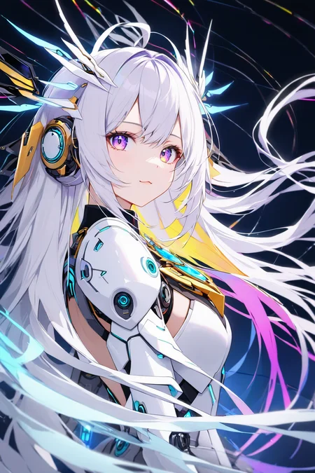 Jed-rbt, seraph, 1girl, cinematic angle, :3, looking at viewer, scifi hair ornaments, energy hair, brooch, sleeve, cape, mechanical wings, screws, cables, led lights, glowing, Futuristic, chromatic aberration, Kawaii, [(blue-white background:1.2)::0.2], (neon luminescence background:1.2), illustration, incredibly absurdres, ultra detailed, masterpiece, best quality,[<lora:detailed_notrigger:0.95>::0.5], [:<lora:detailed_hands:1.05>:0.5],<lora:RoboStyle:1>