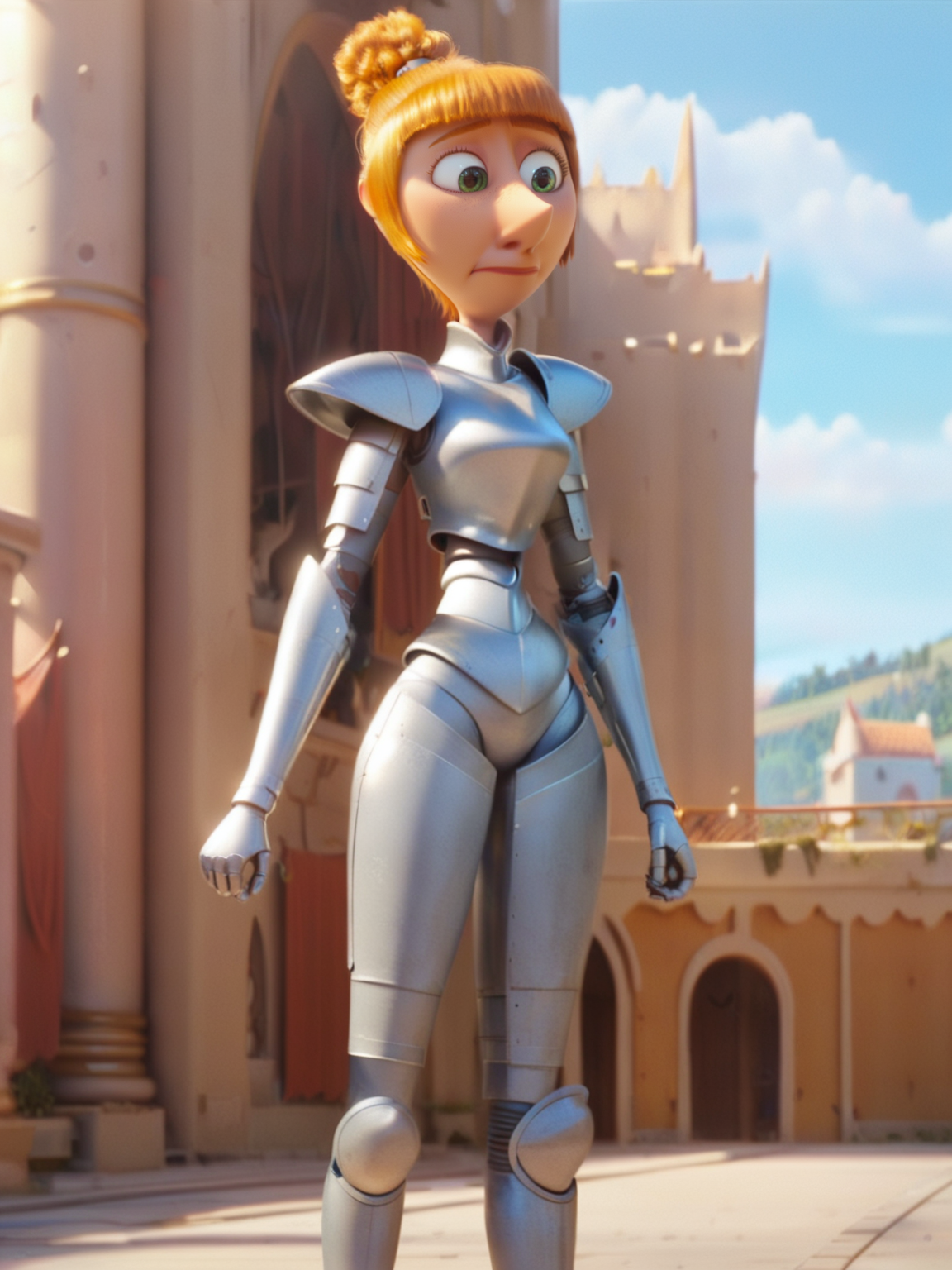 <lora:Lucy:0.7> lu_sy, 1girl, green eyes, bright red hair, bun hair, bangs, fair skin, curved big nose, thin body,
((steel knight armor)), castle background, hips, score_9, score_8_up, score_7_up,