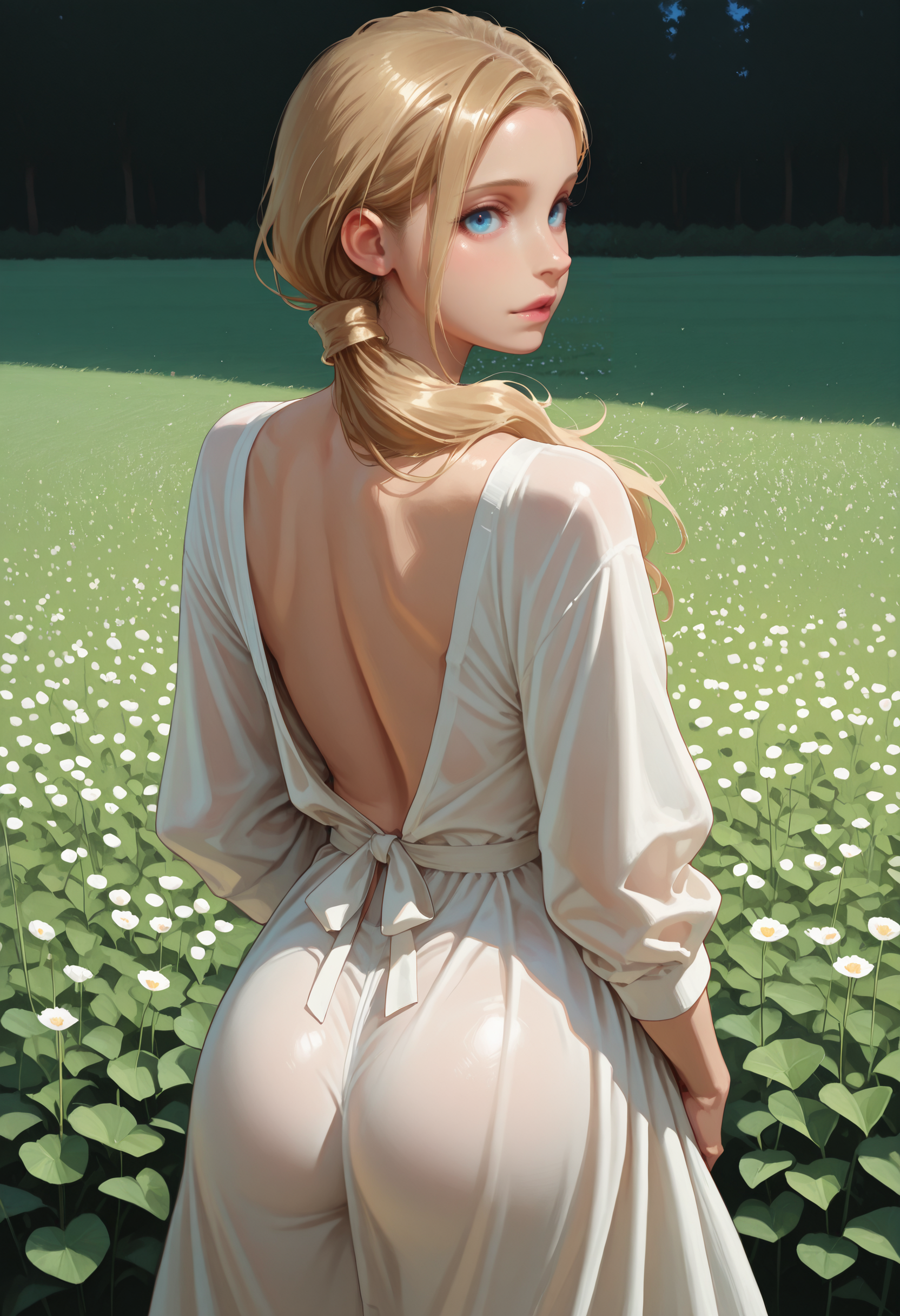masterpiece, very aesthetic, best quality, absurdres, newest
<lora:ILREAnnette:1.0>
REAnnette, 1girl, blonde hair, blue eyes, long hair, ponytail, hair over shoulder, looking at viewer, standing in a field of flowers, from behind, looking back, flowing clothes, wind