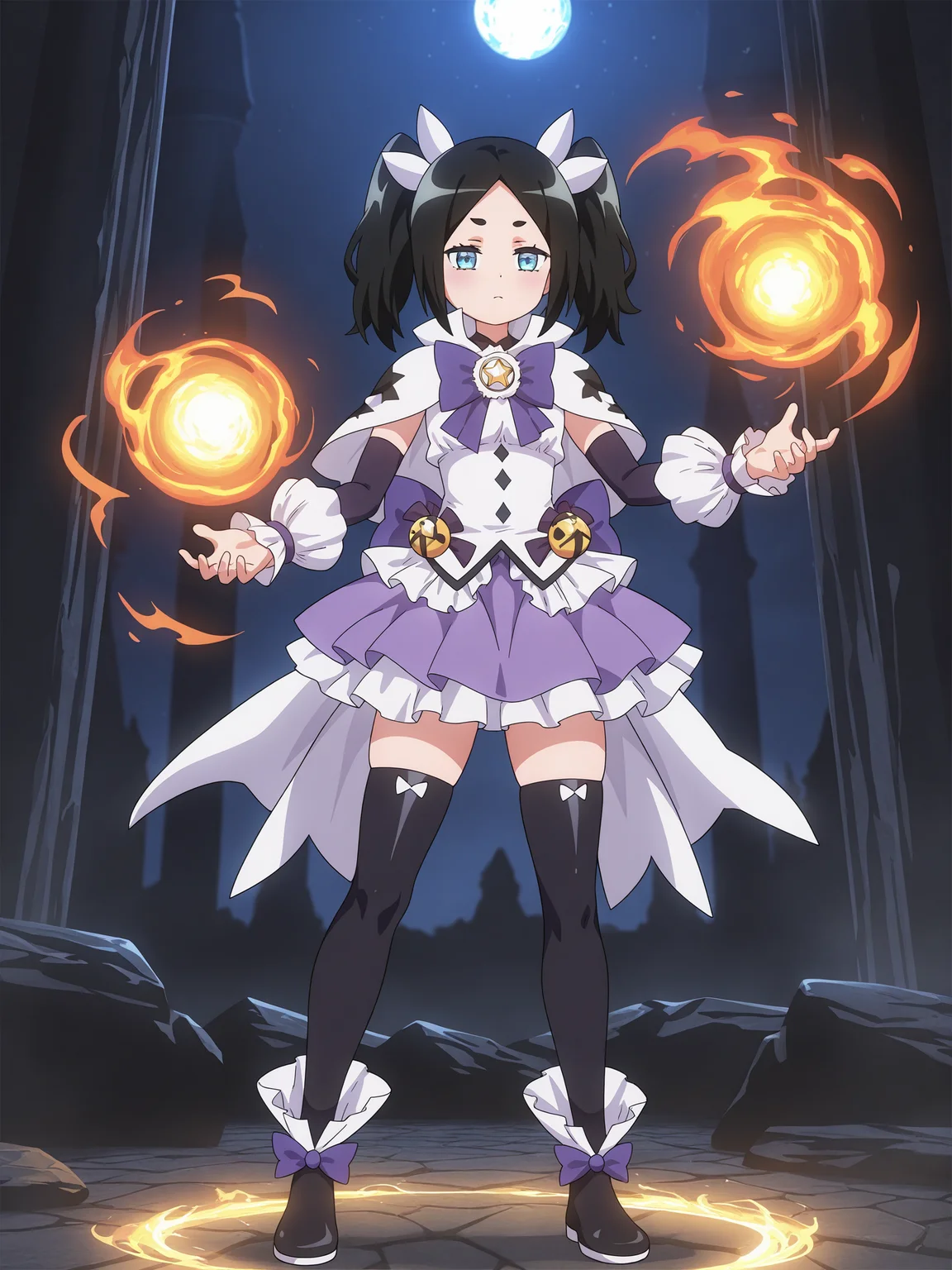 best quality,amazing quality,blue eyes,detailed eyes,solo,anime,<lora:Toxico Dannarv3:1>,toxico dannar,full body,thighhighs,pose,standing,magical girl,magic,Cinematic Lighting,night,fireball,