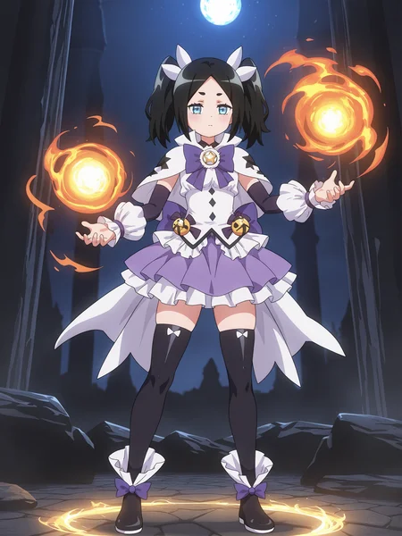 best quality,amazing quality,blue eyes,detailed eyes,solo,anime,<lora:Toxico Dannarv3:1>,toxico dannar,full body,thighhighs,pose,standing,magical girl,magic,Cinematic Lighting,night,fireball,