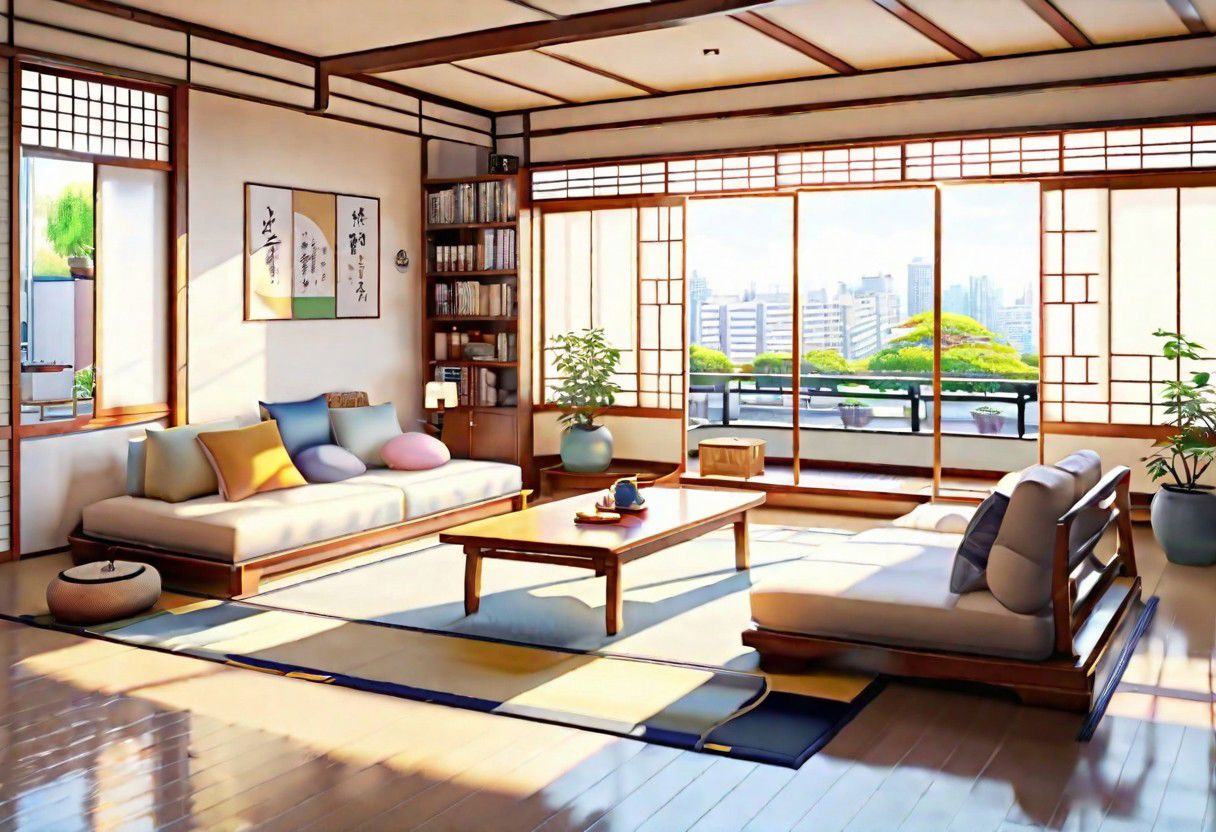 ((front view)), ((Japanese animation style)), modern-style interior, with white walls, (large windows), Nordic-style furniture, a  study, Sofa, coffee table, bookcase, single wall, 
warm light morning sun, (the view of the city)