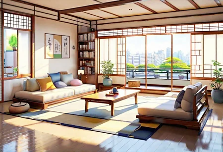 ((front view)), ((Japanese animation style)), modern-style interior, with white walls, (large windows), Nordic-style furniture, a  study, Sofa, coffee table, bookcase, single wall, 
warm light morning sun, (the view of the city)