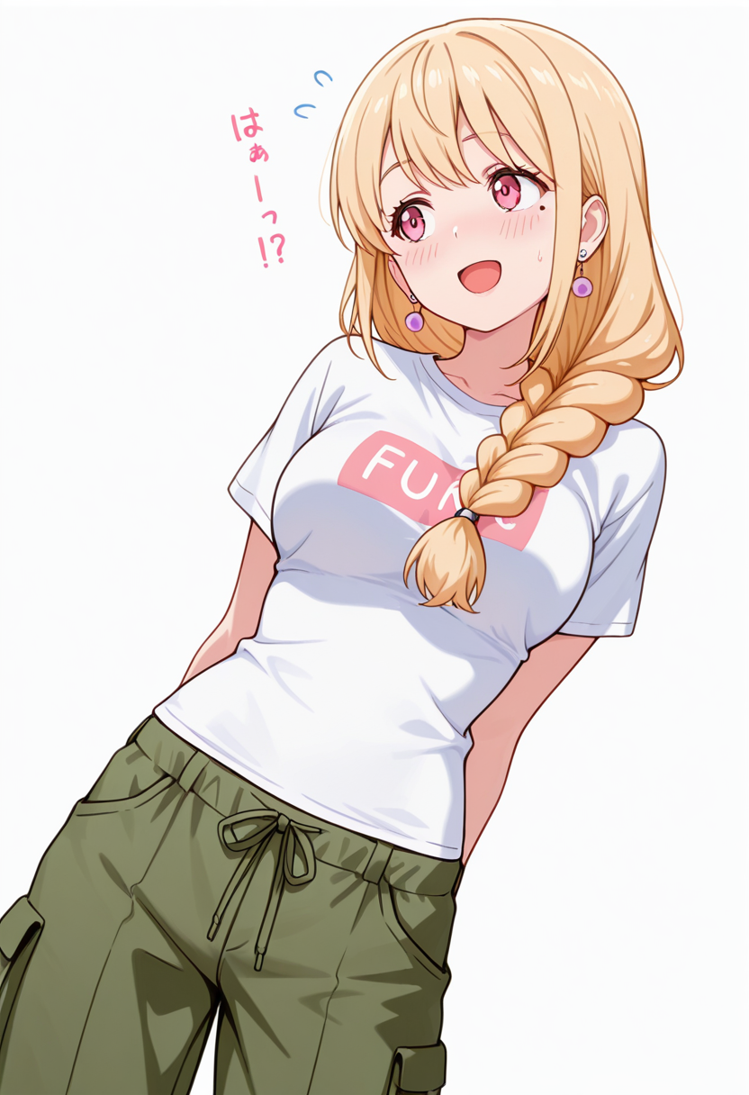 masterpiece,high quality details, absurdres,
 <lora:Yuriko:0.8>
yuriko_cnr, 1girl, blonde hair, long hair, single braid, pink eyes, mole, mole under eye,earrings,, simple background, white background, dutch angle,solo,, flustered,stifled laugh,, ^o^,, upright posture,dynamic pose,slight head tilt,, t-shirt,bustier  ,cargo pants, ,var-legwear,