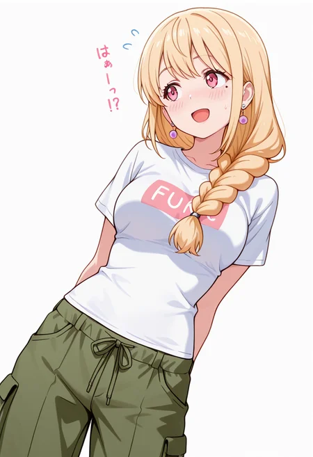 masterpiece,high quality details, absurdres,
 <lora:Yuriko:0.8>
yuriko_cnr, 1girl, blonde hair, long hair, single braid, pink eyes, mole, mole under eye,earrings,, simple background, white background, dutch angle,solo,, flustered,stifled laugh,, ^o^,, upright posture,dynamic pose,slight head tilt,, t-shirt,bustier  ,cargo pants, ,var-legwear,
