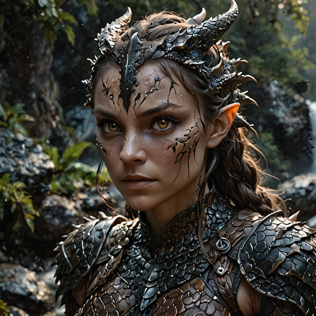 cinematic film still female human dragon hybrid, close-up, outdoors near a waterfall at night, covered in dark earth tone matte scales as skin, dragon scale armor, striking reptilian eyes with vertical pupils, dragon horns, bald except a braided ponytail, exudes confidence and power,
<lora:sdxl_lightning_8step_lora:1.0>, <lora:zavy-cntrst-sdxl:0.5> dark, chiaroscuro, low-key . shallow depth of field, vignette, highly detailed, high budget, bokeh, cinemascope, moody, epic, gorgeous, film grain, grainy