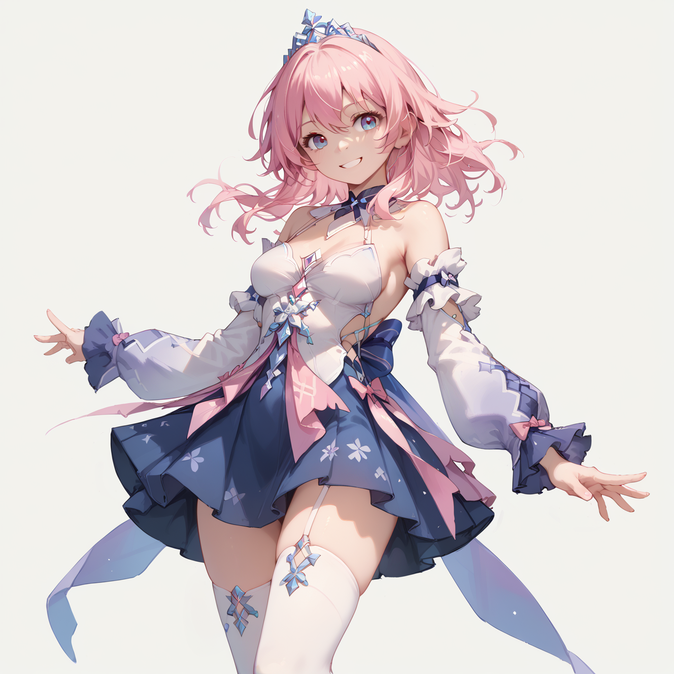 score_9, score_8_up, score_7_up, simple background, smile,
1girl, march7thdress, pink hair, detached sleeves, medium breasts, thighhighs, 
<lora:march7th_dress_pony_v1:0.6>
