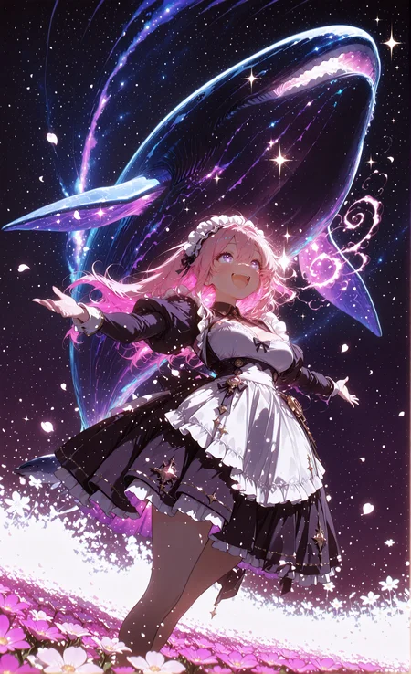 masterpiece, sharp detail, intricate detail, hair shader, 1girl, <lora:CivChan:0.8> CivChan, purple eyes, pink hair, maid uniform, cleavage, long hair, floating hair, looking up, outstretched arms, laughing, smile, happy, open mouth, flower field, starry sky, (holographic colors, light painting clothes), multicolored hair, colored inner hair,(neon palette), bare foot, falling petals, upper body, from below, dutch angle, dramatic highlights, backlit illumination, ethereal glow, magical atmosphere, swirling energy, light waves, face highlights, sparkling particles, BREAK (whale in space), cosmic whale, space creature, glowing whale, neon lines on whale, BREAK chiaroscuro, volumetric lighting, dappled light, dramatic shadows, cinematic lighting, detailed background, light and shadow contrast, <lora:aboba_prime_3:0.7>, <lora:Bright_style:0.7> Bright_illu, sparkle,