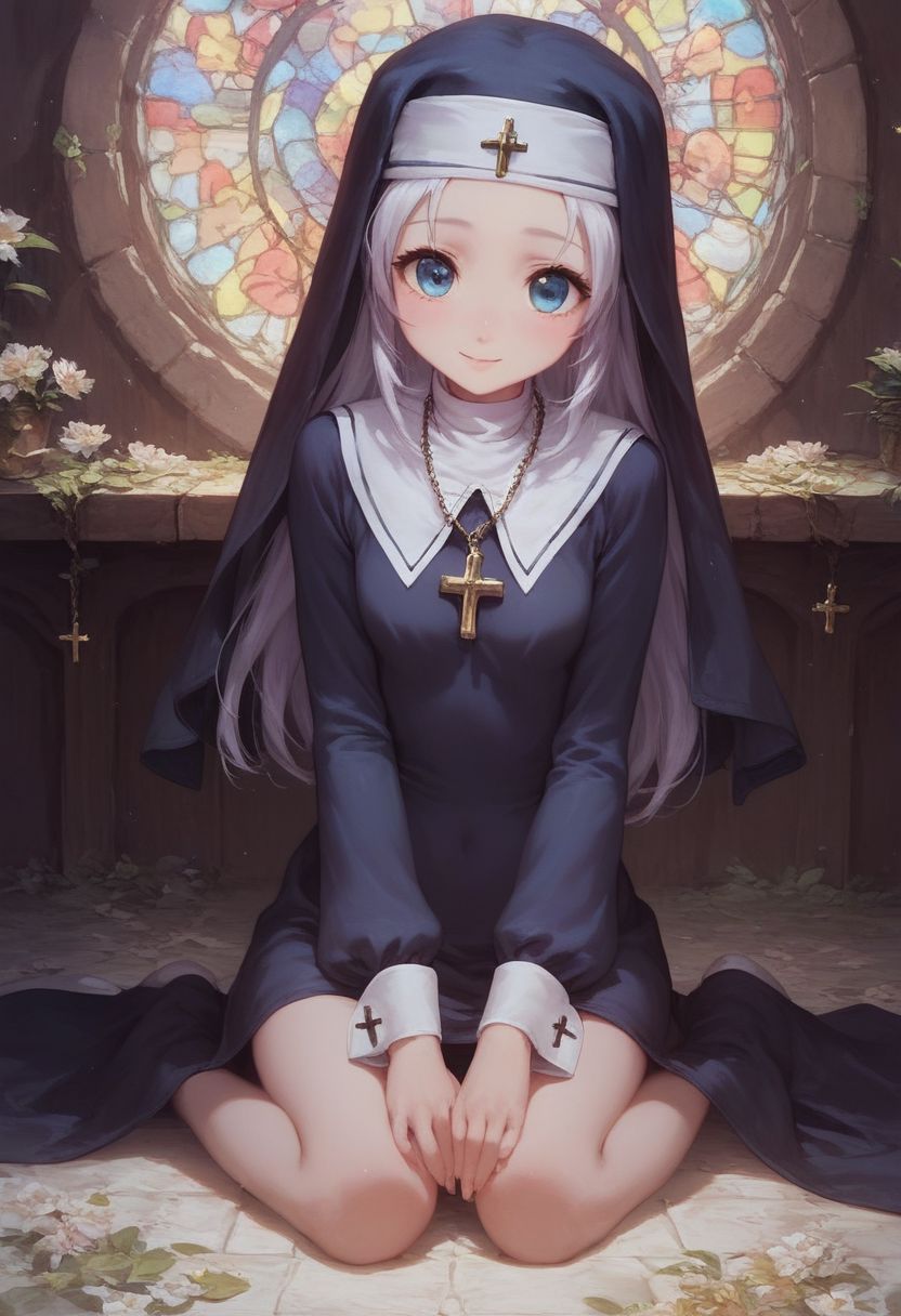 score_9, score_8_up, score_7_up, maria, nun,1girl, long hair, detailed blue eyes, cute, adorable, innocent, full body shot, detailed, pure, soft, sitting