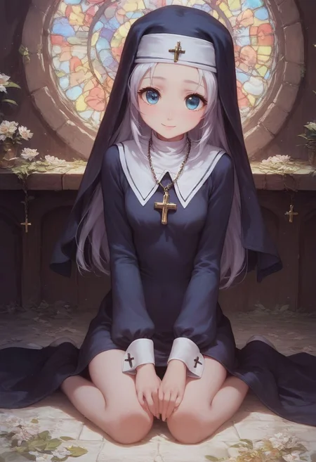 score_9, score_8_up, score_7_up, maria, nun,1girl, long hair, detailed blue eyes, cute, adorable, innocent, full body shot, detailed, pure, soft, sitting