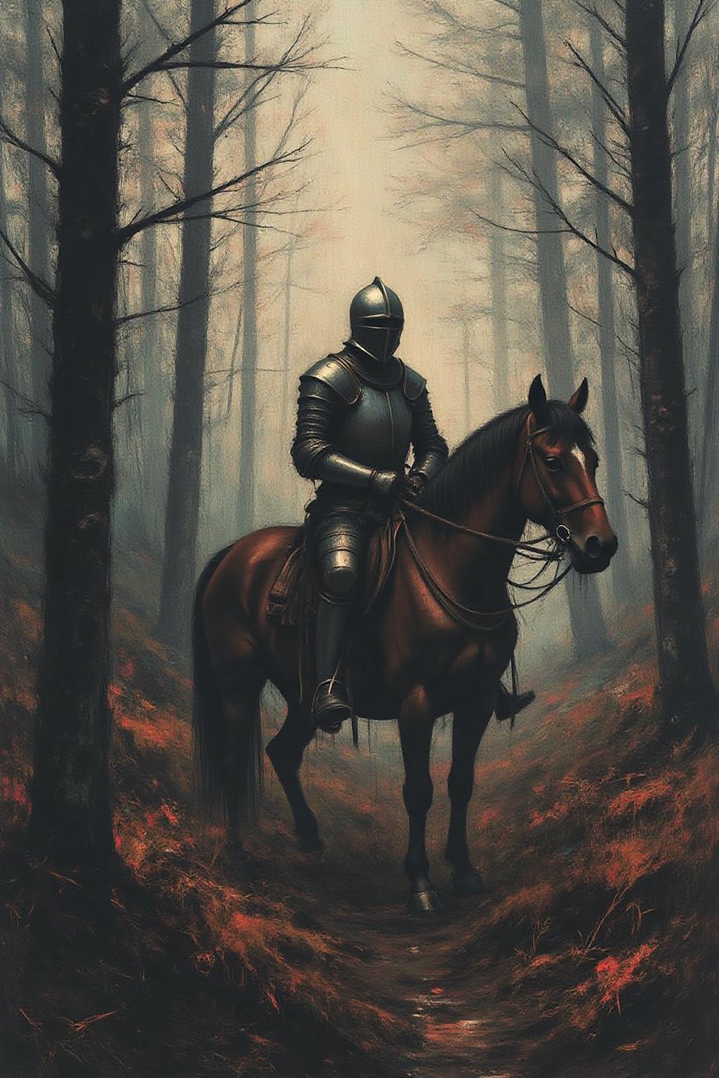 apoca1 illustration. a knight on an horse in a forest  <lora:apocalypse_now1_fl_d4a2:1.0><lora:803273470067734317:0>