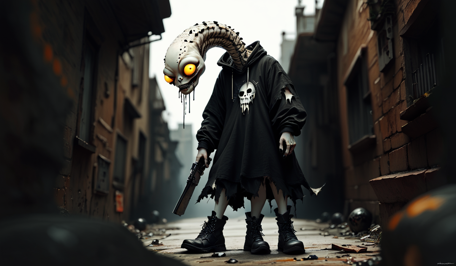 score_9, score_8_up, score_7_up, score_6_up, score_5_up, dark minimalistic, surrealism, homeless alien freak species in rage portrait in a scifi scene, highly detailed, emo goth, torn, dystopic, depth of field, suppressive, painfull <lora:ponys-dream:.9> <lora:p-mink:1>