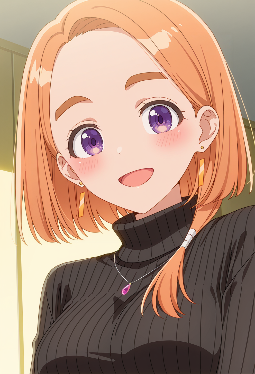 <lora:BANRI SHIUNJI:1>,
BANRI SHIUNJI,purple eyes,thick eyebrows,hair over shoulder,forehead,orange hair,
jewelry,solo,black sweater,earrings,sweater,turtleneck,looking at viewer,necklace,smile,turtleneck sweater,upper body,open mouth,ribbed sweater,:d,breasts,blush