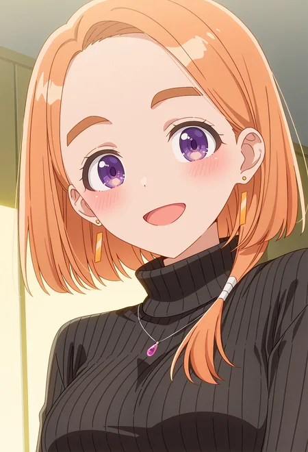 <lora:BANRI SHIUNJI:1>,
BANRI SHIUNJI,purple eyes,thick eyebrows,hair over shoulder,forehead,orange hair,
jewelry,solo,black sweater,earrings,sweater,turtleneck,looking at viewer,necklace,smile,turtleneck sweater,upper body,open mouth,ribbed sweater,:d,breasts,blush