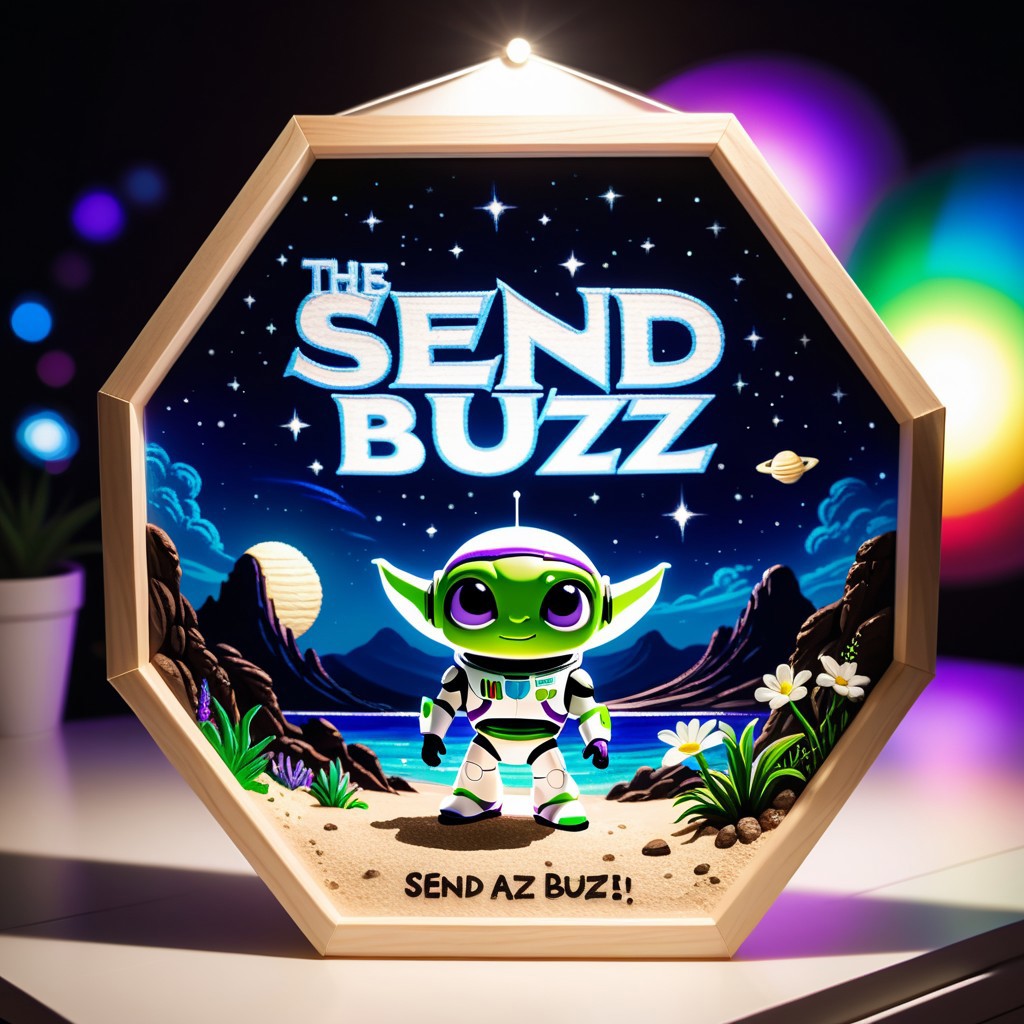 buzz lightyear,(a sign with the word:"SEND BUZZ!":1.8), silhouette,chibi, ambient light, nature art, hexagonal , with awning embroidery, Alien Planet, Sketched, mosaic, Sepia filter, organic, detailed, deep rich colors, fine detail, luxury, cinematic, positive emotional <lora:SDXLFaeTastic2400:0.5>