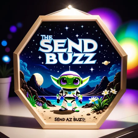 buzz lightyear,(a sign with the word:"SEND BUZZ!":1.8), silhouette,chibi, ambient light, nature art, hexagonal , with awning embroidery, Alien Planet, Sketched, mosaic, Sepia filter, organic, detailed, deep rich colors, fine detail, luxury, cinematic, positive emotional <lora:SDXLFaeTastic2400:0.5>
