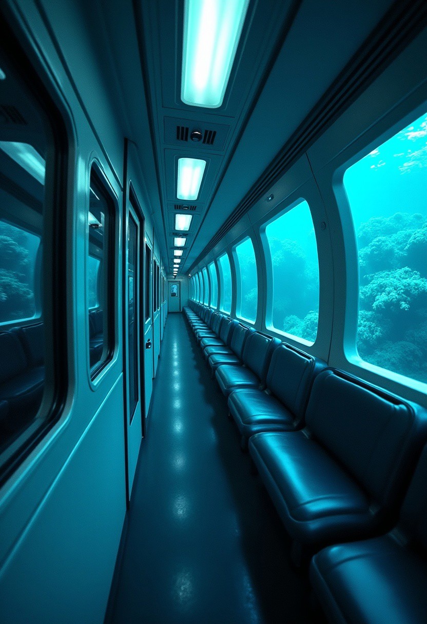 A sleek, futuristic underwater train speeding through the abyssal depths of the ocean. The train's panoramic windows reveal stunning views of bioluminescent sea creatures and mysterious underwater landscapes. Inside, the train is equipped with advanced technology and comfortable seating. Soft, ambient lighting and a tranquil atmosphere make it a serene journey, despite the eerie, almost alien scenery outside.