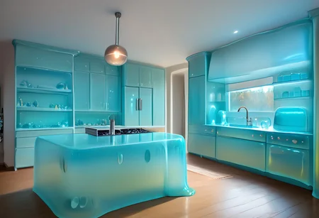 hud_mdrn_kitc, No humans, kitchen, scenery, indoors, modern kitchen made out of slime, appliances made out of slime, cabinets made out of slime, neutral colors, earthy tones,
natural light, no bright spots, (((wood colored slime))), (((slime colored with earth tones))), (((not blue slime))),
((translucent slime)), ((transparent slime)), made of water, (bioluminescent slime), sl1m3, slime, slime-morph, ais-blmn, saturated colors, no creatures, no humans, no monsters, no pokemon, scenery only, scenery, ral-lava, watce, je11y, gummymorph,