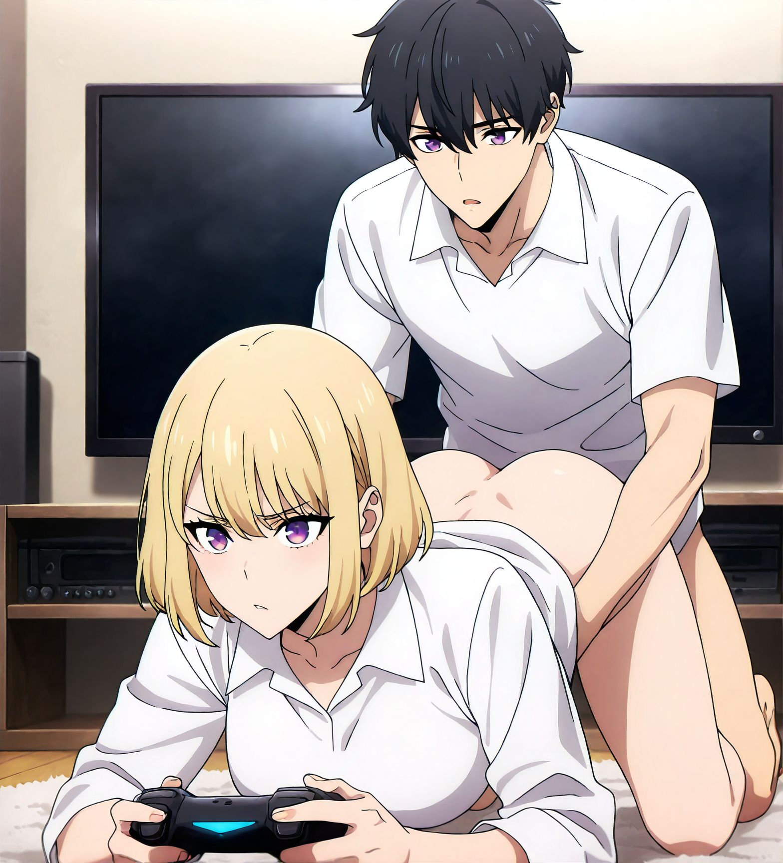 masterpiece, best quality, newest, absurdres, highres, detailed eyes, beautiful, detailed background, perfect eyes, anime coloring, anime screencap,
< lora:Distracted_sex:1> Distracted_sex,
1girl,sex from behind,
sex,hetero,ass,doggystyle,
bottomless,breasts,looking at tv,
holding a game controller, playing game,
sex while play video games, TV,all fours, 
<lora:SoloLeveling_ChaHae-In_IlluXL:0.9> ,blonde hair female, short hair, purple eyes, ChaHaeInCasual, collared shirt, white shirt,
Sung Jinwoo (Solo Levelling),
Solo Levelling,
black hair male,
indoors, 
official art,