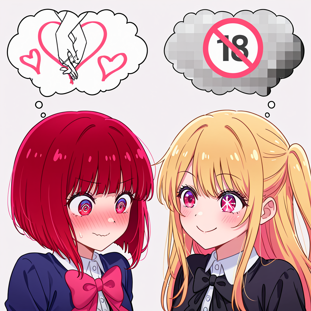 masterpiece, best quality, amazing quality, another_ship_dynamic_i_enjoy_(meme), blush, smile, simple background, 2girls, heart, censored, mosaic censoring, thought bubble, @_@, arima kana, hoshino ruby,  <lora:another_ship_dynamic_i_enjoy_meme-000008:1>