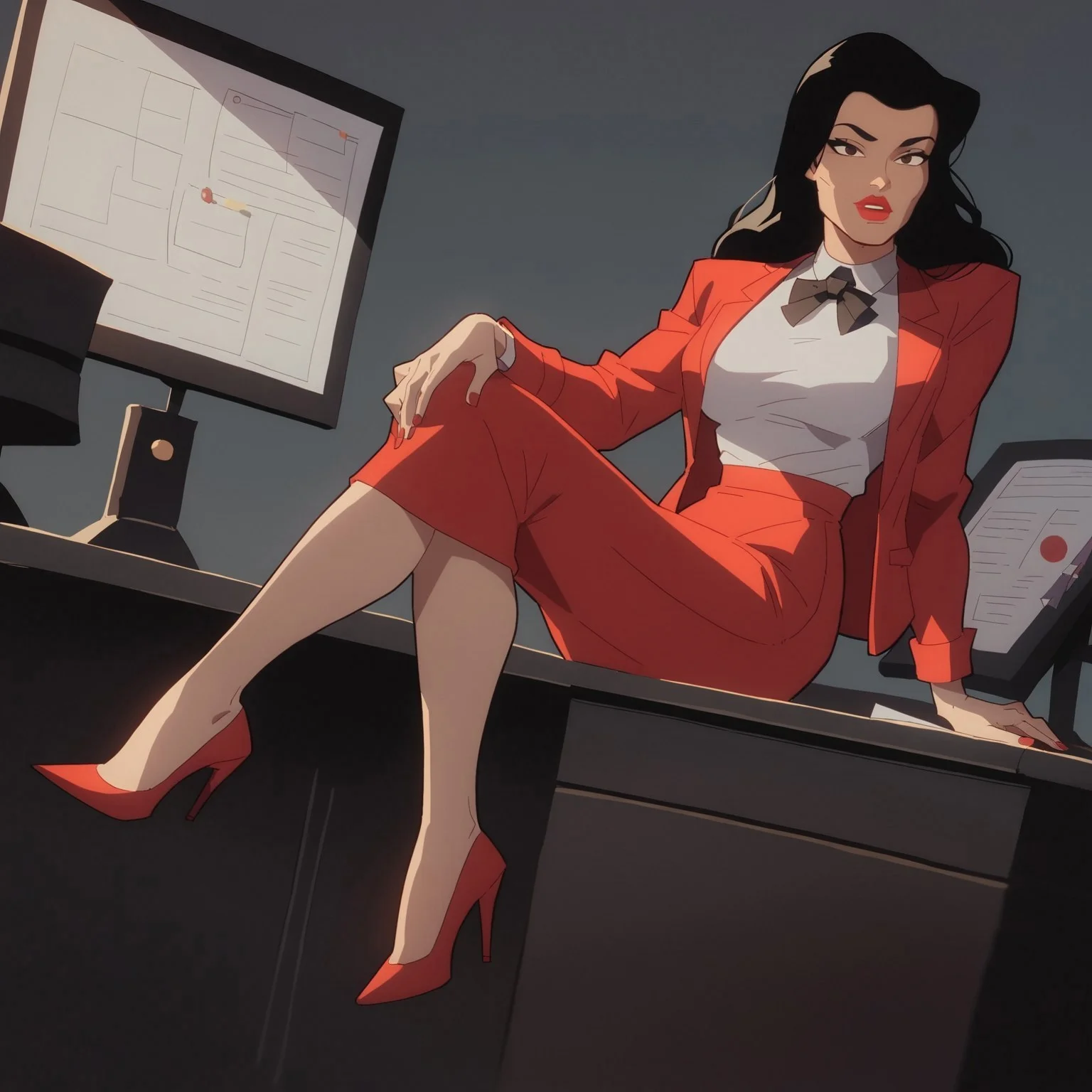 safe_pos, score_9, score_8_up, score_7_up, solo, 1girl, lipstick, black hair, long hair, brown eyes, suit, red jacket, white shirt, red pencil skirt, black bowtie, red high heels, formal, looking at viewer, breast, Candice (dc), office