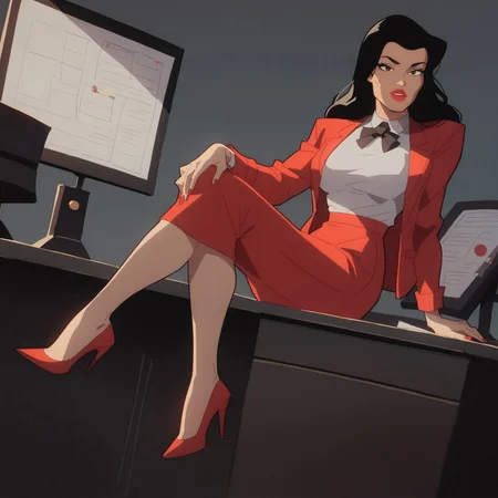 safe_pos, score_9, score_8_up, score_7_up, solo, 1girl, lipstick, black hair, long hair, brown eyes, suit, red jacket, white shirt, red pencil skirt, black bowtie, red high heels, formal, looking at viewer, breast, Candice (dc), office
