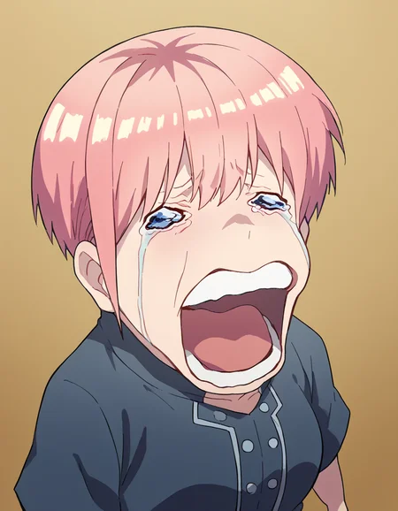 score_9, score_8_up, score_7_up, source_anime, <lora:ichika-nakano-s2-ponyxl-lora-nochekaiser:1>, ichika nakano, short hair, bangs, blue eyes, hair between eyes, pink hair, pixie cut, mature female, large breasts, <lora:chopper-crying-ponyxl-lora-nochekaiser:1> chopper crying, chopper crying (meme), meme, wavy eyes, crying, tears, teeth, open mouth, tongue,, ,