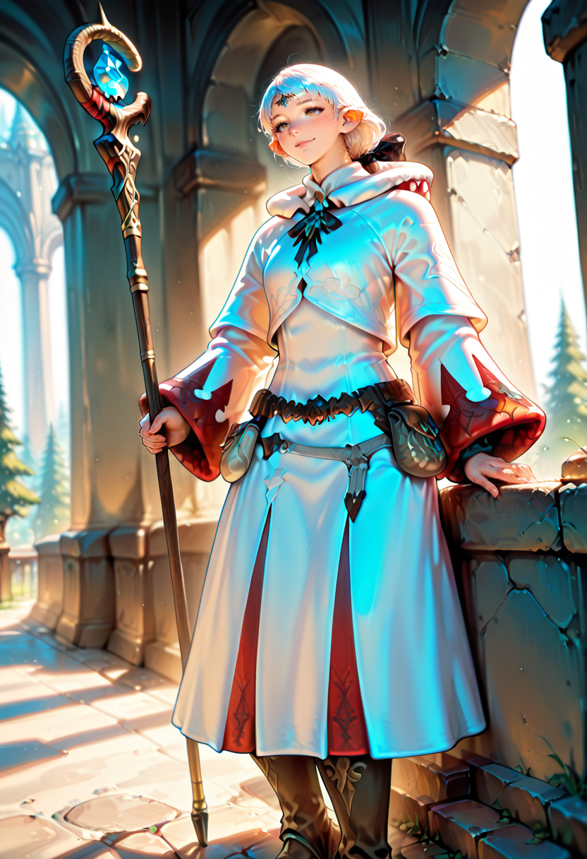 ameliance,solo,brown eyes,white hair,bow,ponytail,white mage,boots,belt,hood,pouch,robe,belt pouch,circlet,mature female<lora:amelianceILv6:0.8>cowboy shot,blush,smile,tall female,dynamic pose<lora:Healers_Attire_IL:1>forest,outdoors,staff, very awa, masterpiece, best quality, amazing quality, very aesthetic, absurdres, newest, scenery, (volumetric lighting), <lora:spo_sdxl_10ep_4k-data_lora_webui:1>