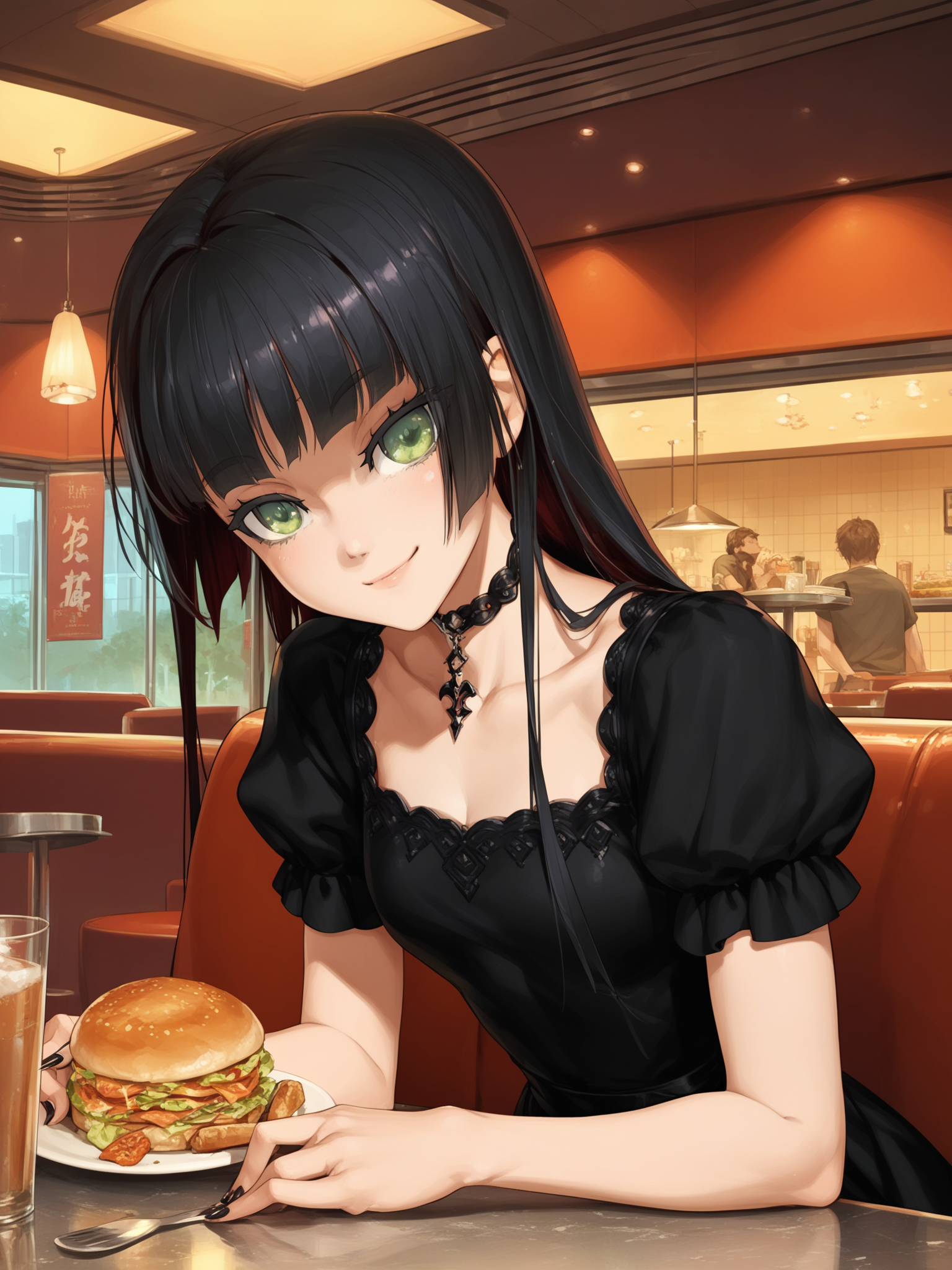 <lora:happy_tentacle-renge-v0.2-000016:0.9>, ht_renge, black dress, choker, short sleeves, goth fashion, , restaurant , 1girl, solo, upper body , , ( smile :1.1), , , , , score_9, score_8_up, score_7_up, score_6_up, score_5_up, score_4_up