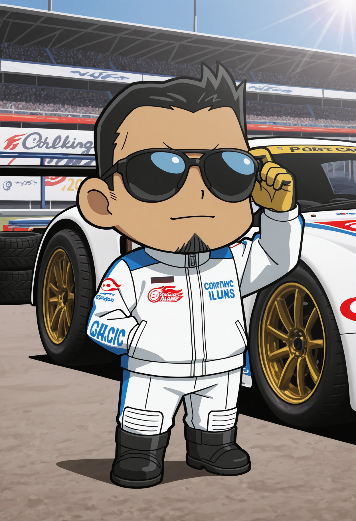 1boy, sunglasses, full body, hand on eyewear, looking afar, (chibi:2.0), hand in pocket, leaning on car,
BREAK
<lora:Tsutomu_Muranaka_from_Detective_Conan_The_Bride_of_Halloween_v1.0:1>
tsutomumuranaka, mature male, black hair, short hair, goatee, no eyebrows, tan skin, anime screenshot,
BREAK
white racing suit, full body suit, zipper, logos, collar, long sleeves, racing gloves, racing boots,
BREAK
outdoors, racing track, f1 car, race car, pit lane, tire stack, safety barrier, sponsors logos,
BREAK
dynamic pose, vibrant colors, bright sunlight, reflections, asphalt,
BREAK
very awa, masterpiece, best quality, absurdres, newest, perfect quality, detailed background, intricate details,