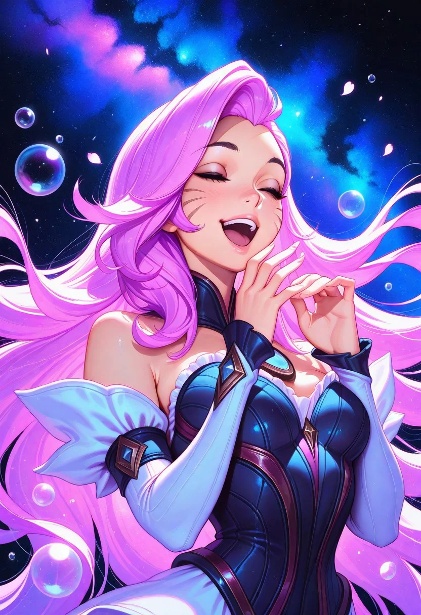 ilya kuvshinov,
masterpiece,best quality,amazing quality,
1girl, stars, space, nebula, galaxies swirling, music, singing, bubble,closed eyes,detached sleeves,stars, floating hair, Seraphine (League of Legends),long hair,default clothing,open mouth,petals,smile,solo,traditional media,underwater,very long hair,water,