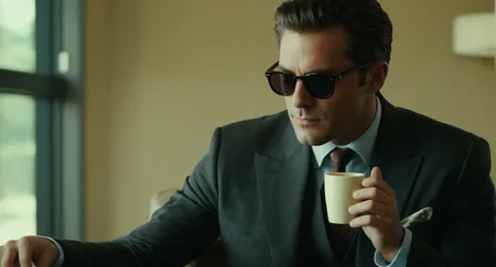 cinematic film still of <lora:Cinematic Film:1> Cinematic Film stock footage in (arri alexa style) Kodak film print, a man in a suit and sunglasses drinking a cup of coffee Cinematic Film Style, shallow depth of field, vignette, highly detailed, high budget, bokeh, cinemascope, moody, epic, gorgeous, film grain, grainy