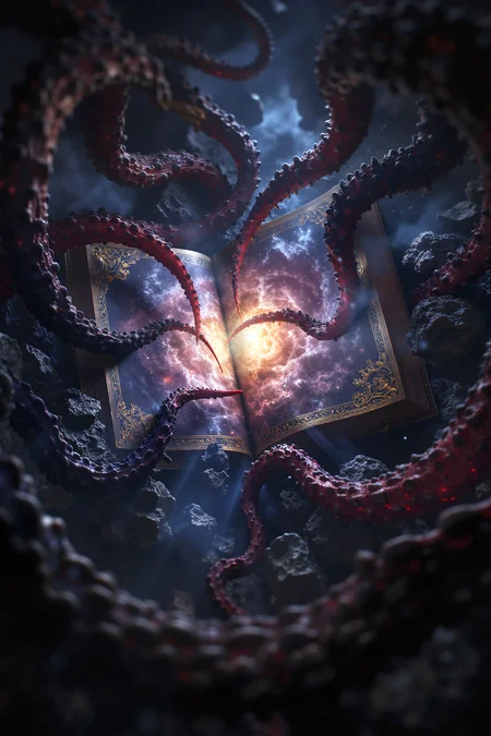 anhei,This is a highly detailed digital artwork in a cosmic horror style, An ancient tome opens to reveal a swirling galaxy, with tentacles reaching out from the pages with high resolution, high detail, realism, eldritch atmosphere<lora:black_fantasy_1.0>