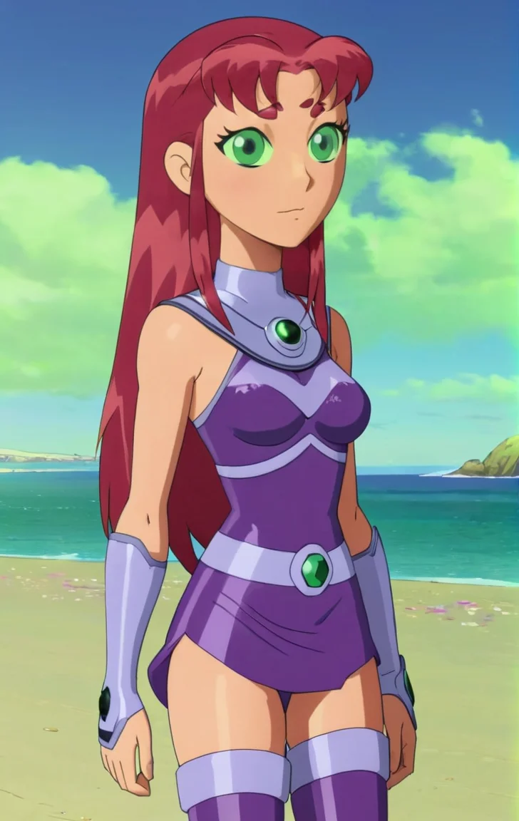 ohxw, star12, red hair, green eyes, purple outfit, full body, blushing, walking up from a beach, <lora:1star-000004:0.9> 4k, highly detailed, lighting, outside, cartoon, 2d, sharp,